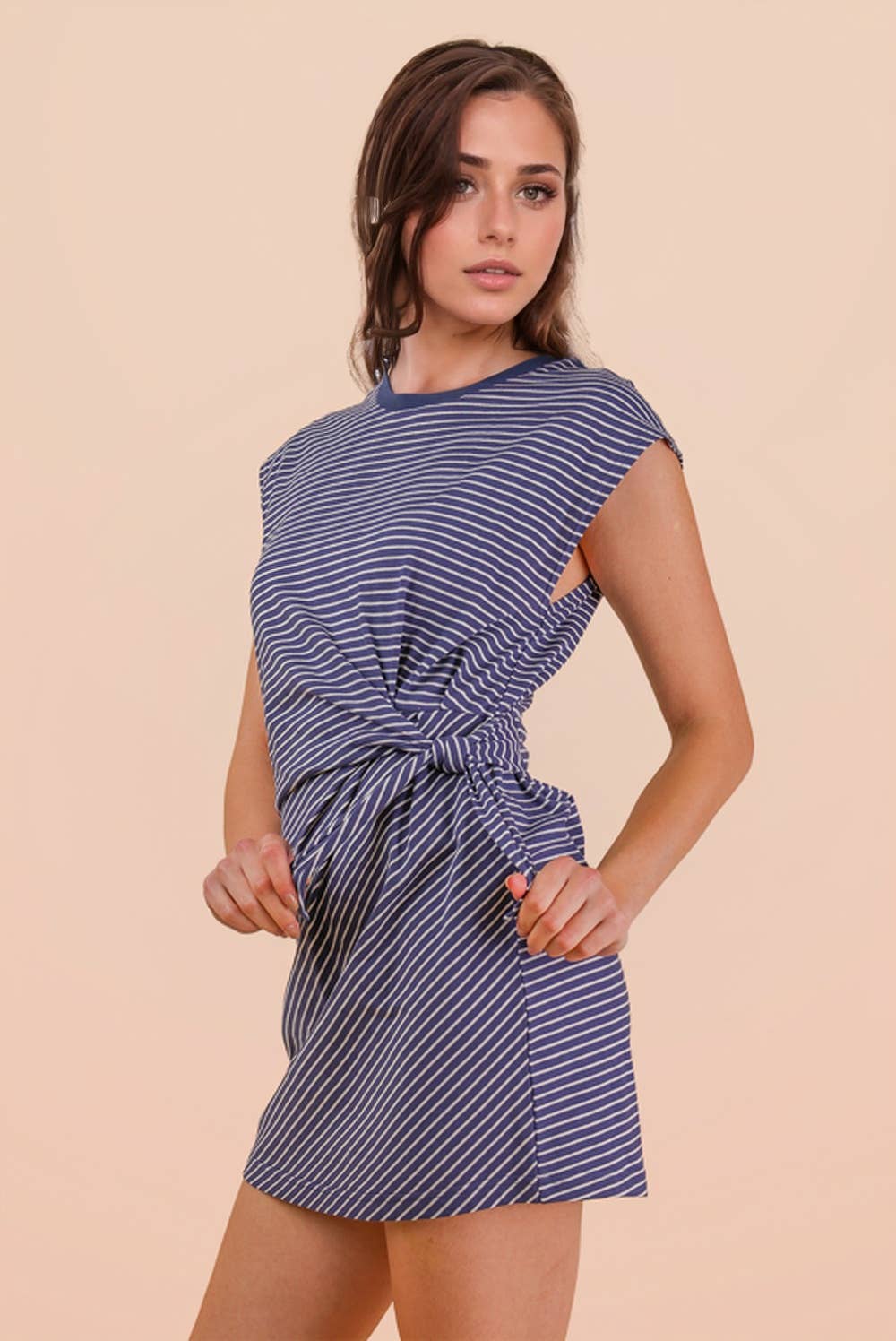 ND31733-Stripe Knit Sleeveless Mini Dress W/ Tie Detail