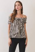 CT10154-Zebra Print Off-the-Shoulder Bow Blouse