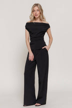 0224 Woven Off Shoulder Top & Pants Set SI-29533
