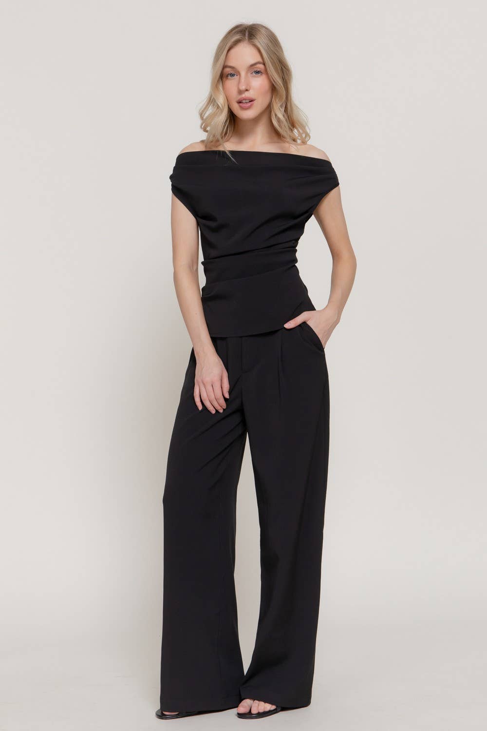 0224 Woven Off Shoulder Top & Pants Set SI-29533