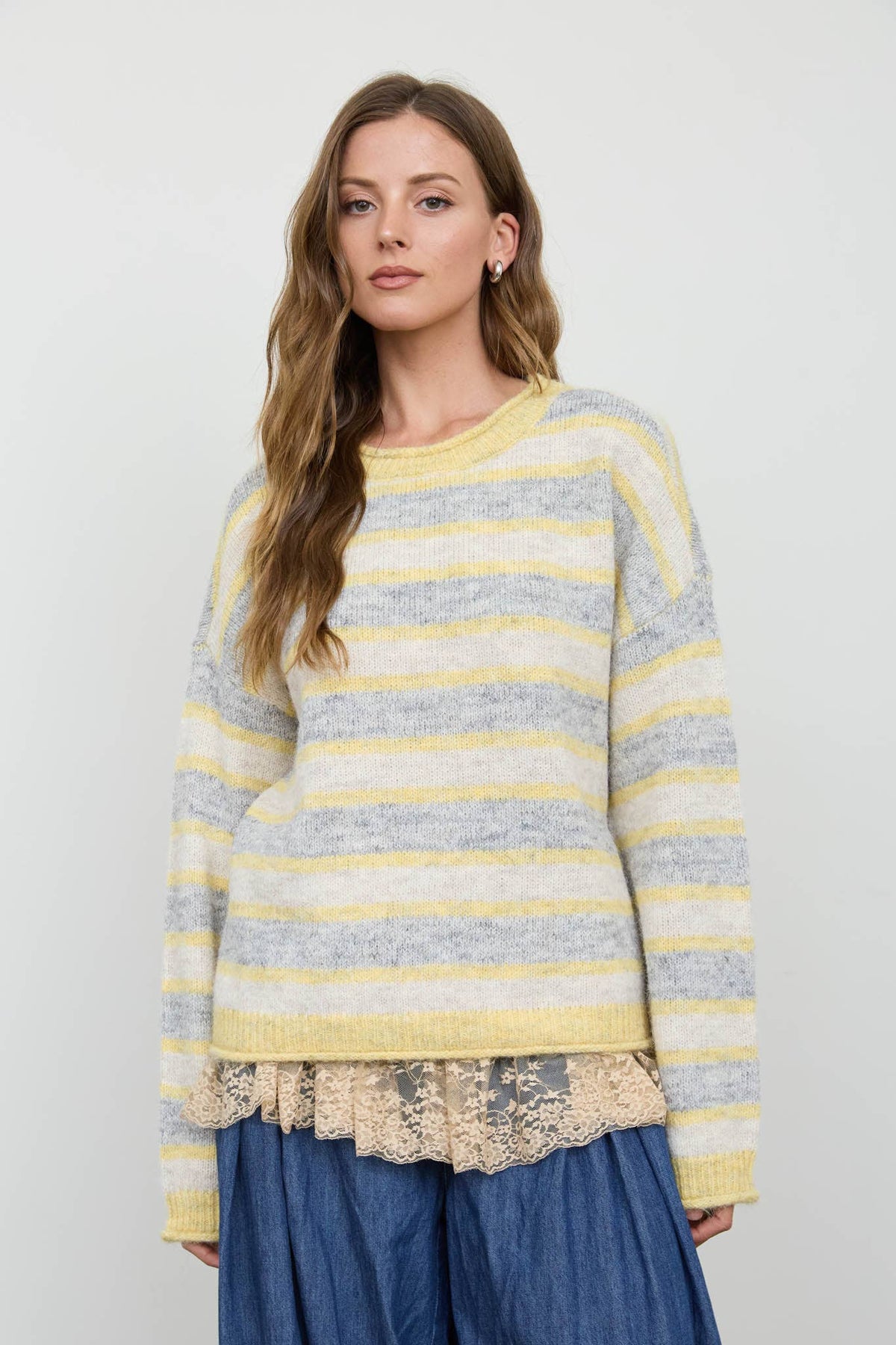 HEATHERED MULTI-STRIPE RAW EDGE KNIT SWEATER