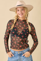 Strawberry Bow Print Long Sleeve Mesh Top