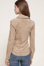 Long Sleeve Button Down Stretch Faux Suede Shirt