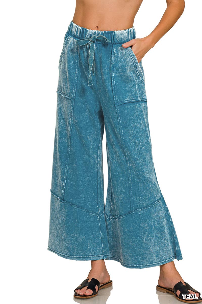 `Acid Washed Flare Hem Pants With Pockets Zenana