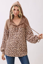 Leopard Button Front Drawstring Hooded Sweatshirt