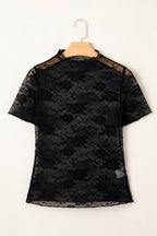 PRETTY BASH Floral Lace Mesh Short Sleeve Sheer Top