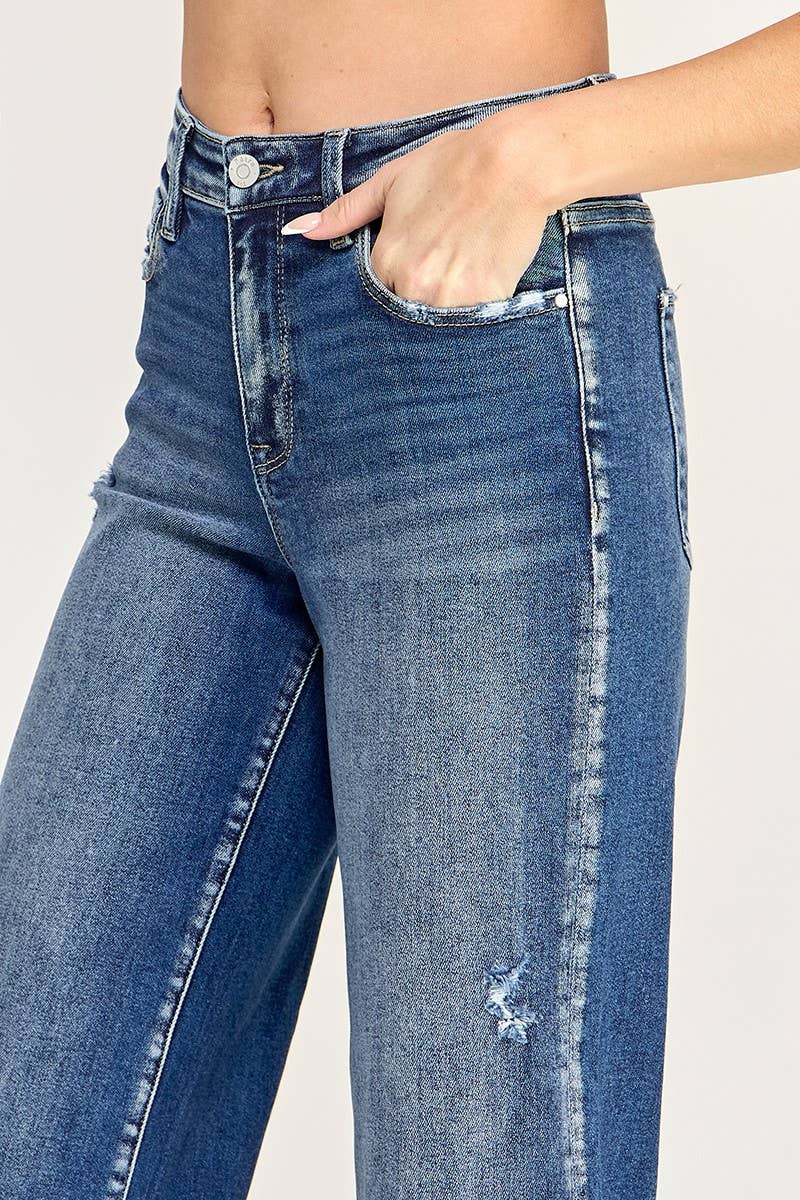 P7091W-DM HIGH RISE SUPER STRETCH WIDE LEG W/ DESTROYED HEM
