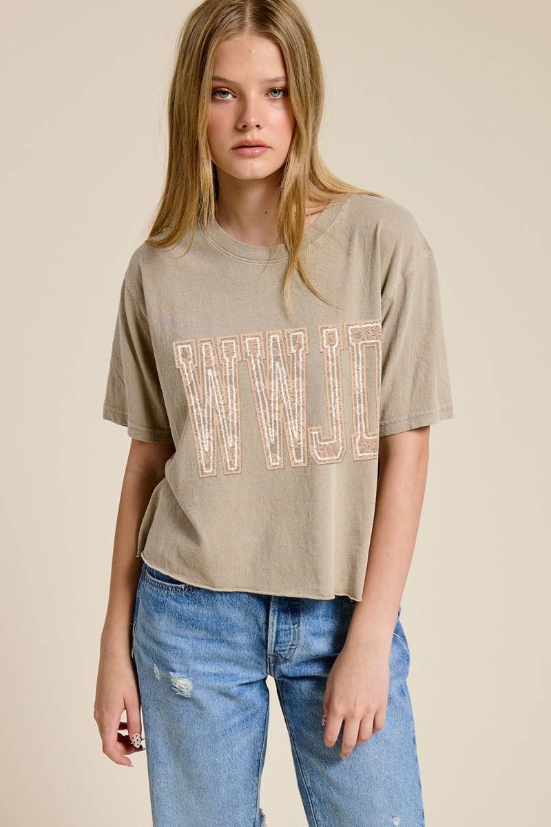 PUFF' WWJD Lace Graphic Raw Hem Faux Crop Tee