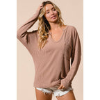 WAVY TWO TONE RIB NOTCH NECK PATCH POCKET TOP