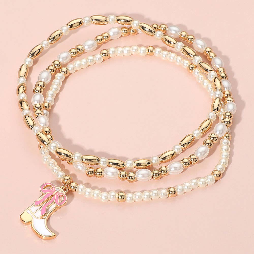 3PCS - Enamel Bow Cowboy Boot Pearl Beaded Multi Layered Bracelet