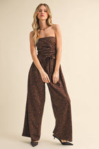 LEOPARD SUEDE STRAPLESS BELTED JUMPSUIT