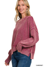 `Washed Side Slit Oversized Cropped Sweater SI-26510 Zenana