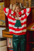 CHRISTMAS STRIPE AND TREE APPLIQUE KNIT TOP