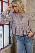 22091T - Chiffon Clip Dot Jacquard Peplum Tie Front Blouse