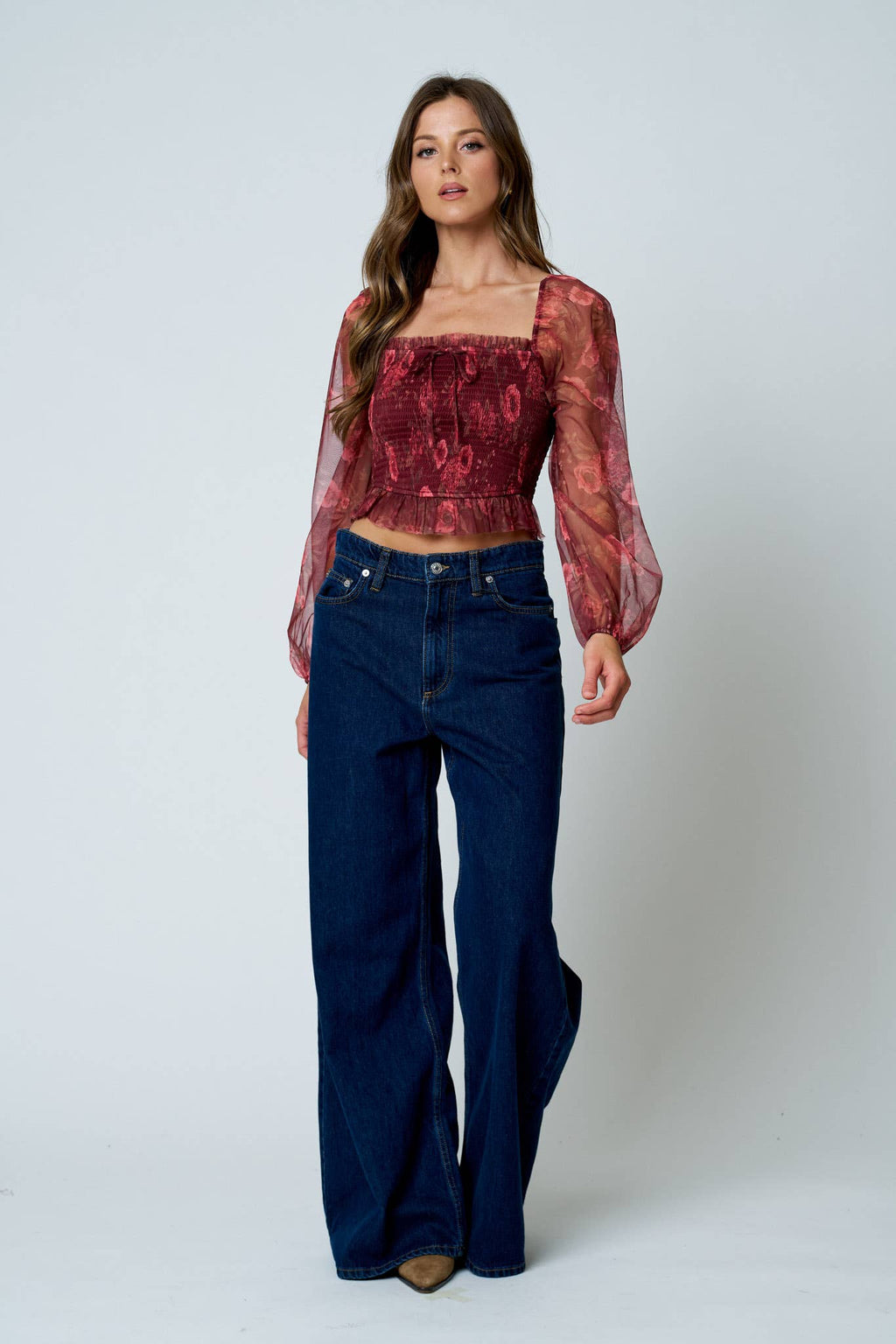 FLORAL CHIFFON SMOCKED LONG SLEEVE BLOUSE