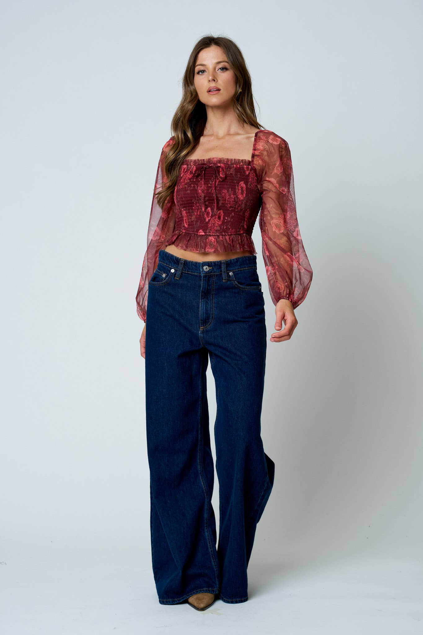 FLORAL CHIFFON SMOCKED LONG SLEEVE BLOUSE