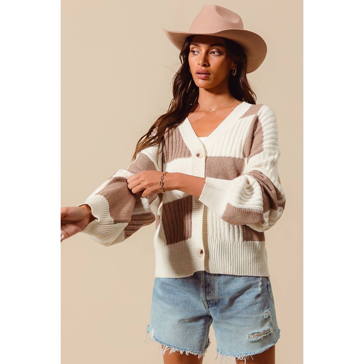 CHECKERED BUTTON FRONT TEXTURED SWEATER CARDIGAN
