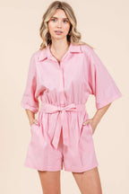 LINEN TIE BELT BUTTON DOWN COLLARED ROMPER