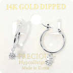 14K Gold Dipped CZ Solitaire Charm Drop Pin Catch Hoop Earrings