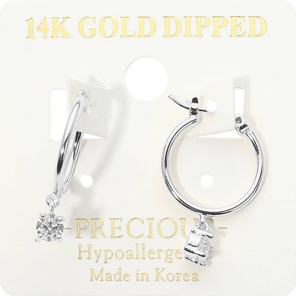 14K Gold Dipped CZ Solitaire Charm Drop Pin Catch Hoop Earrings