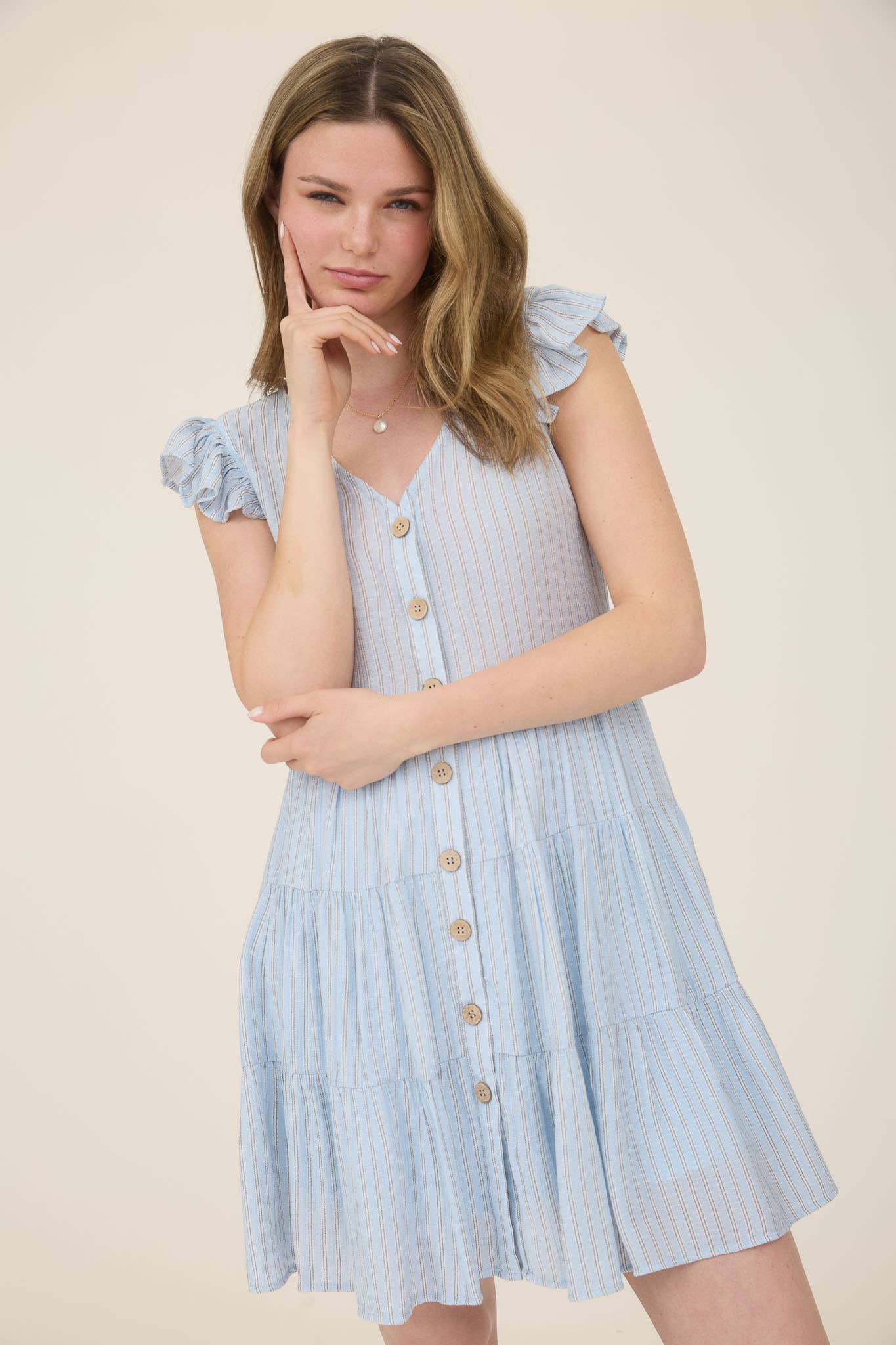 STRIPE V NECK BUTTON DOWN TIERED MINI DRESS