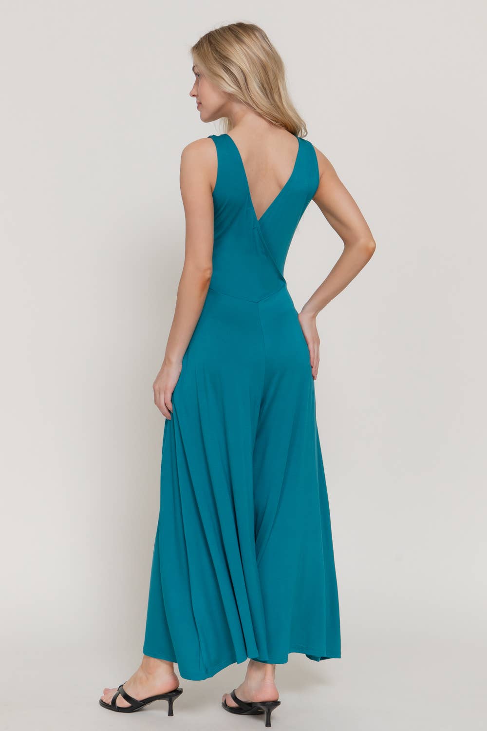 Sleeveless Double V-Neck Surplice Knit Jumpsuit