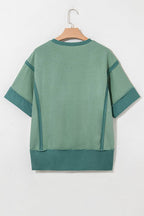 PRETTY BASH Colorblock 3/4 Sleeve Raw Seam High-Low Top