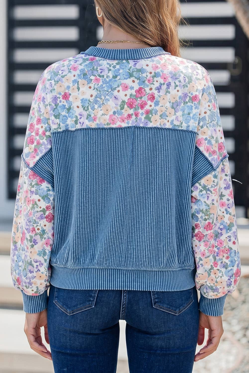 Floral Print Twisted Ribbed Detail Long Sleeve Top
