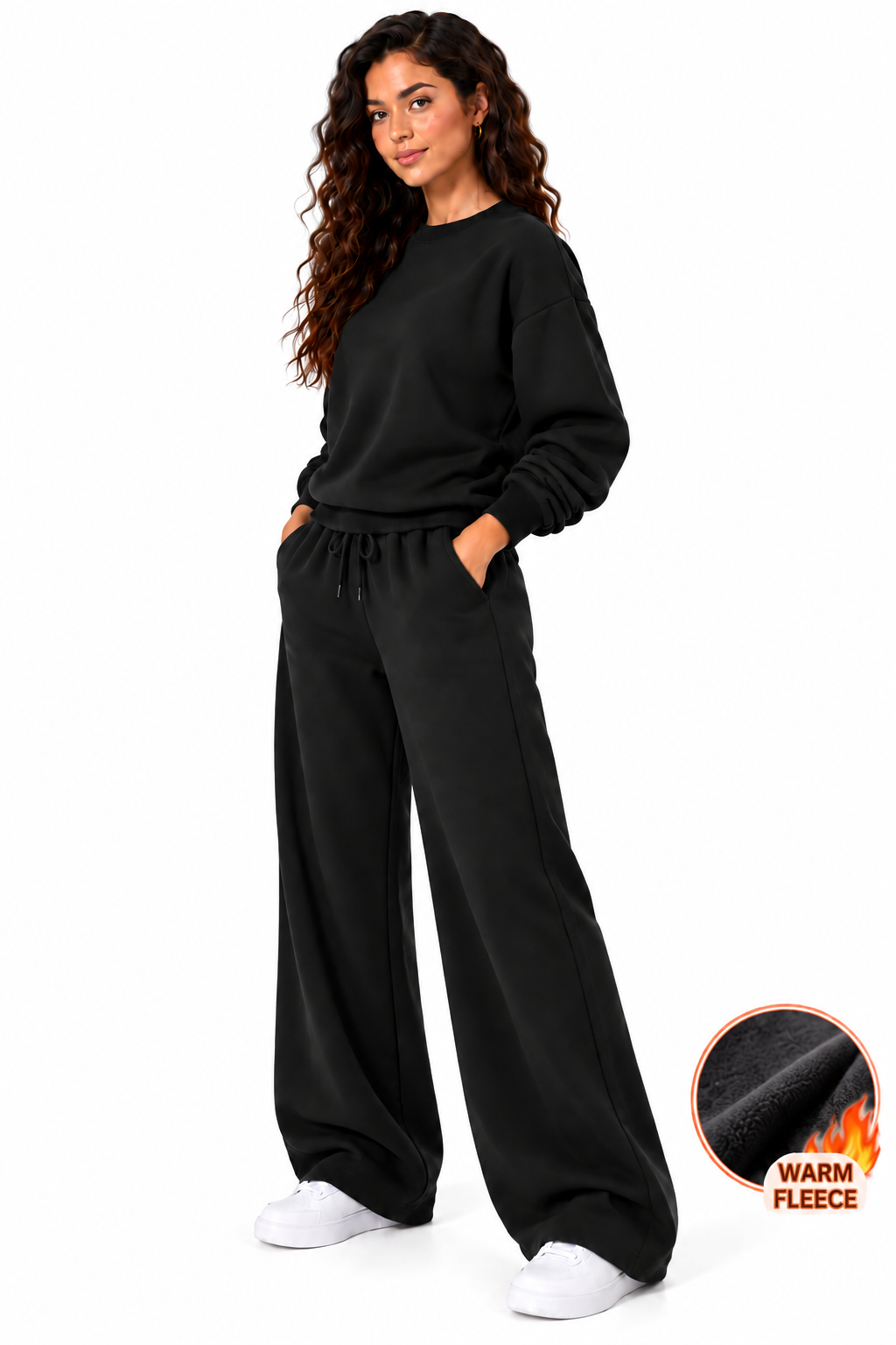 Fleece lined sweat shirt with wide leg loungewear 2 pcs set