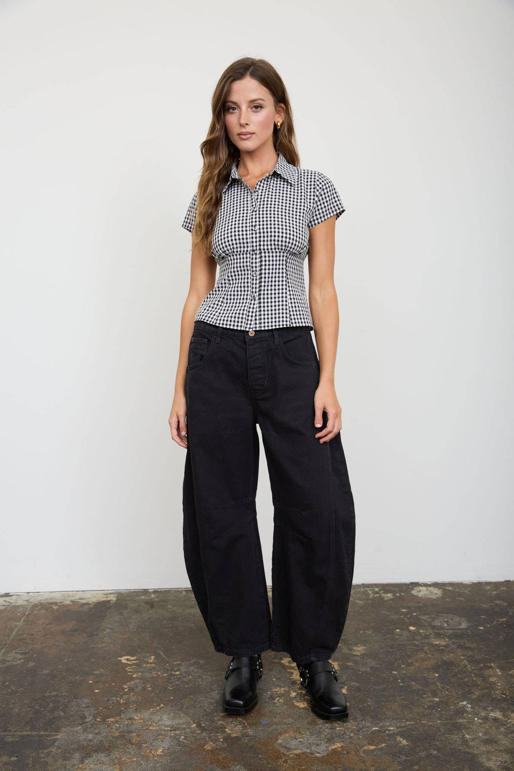 GINGHAM COLLARED SHORT SLEEVE CONTOURED TOP