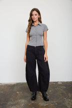 GINGHAM COLLARED SHORT SLEEVE CONTOURED TOP