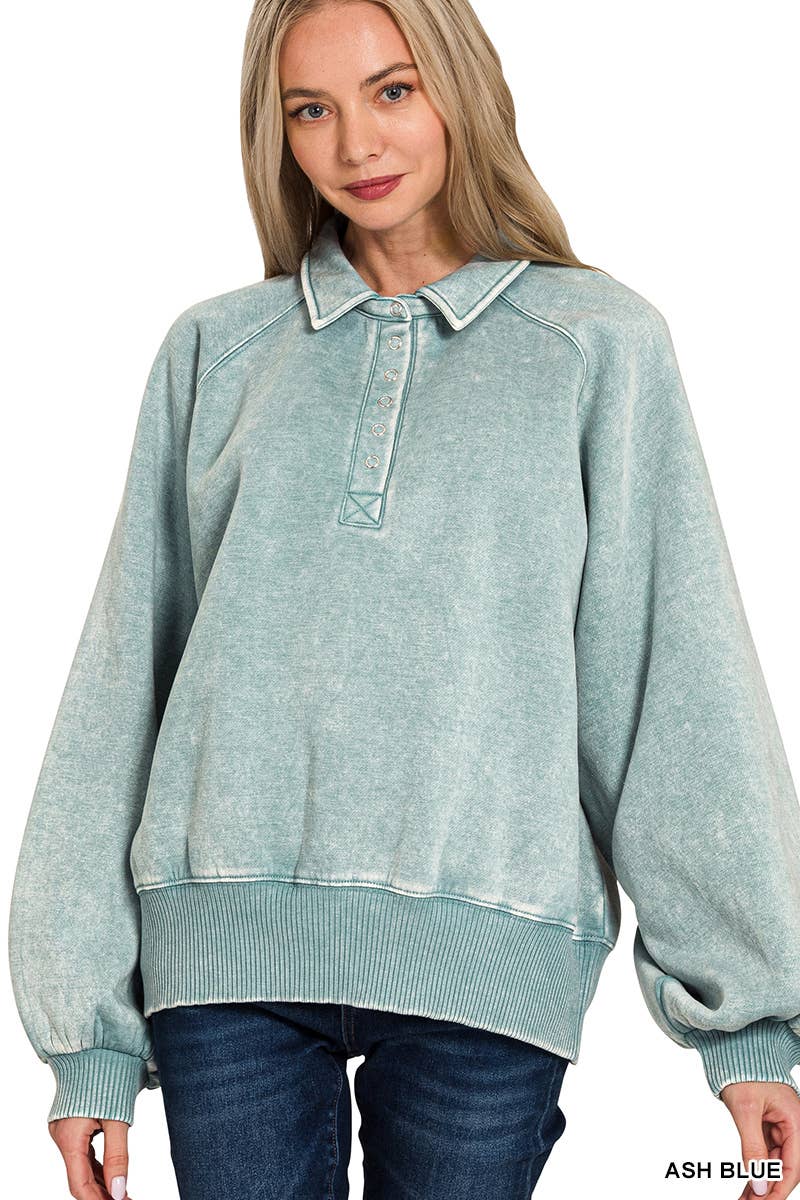 Acid Wash Fleece Button Up Collared Pullover