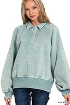 Acid Wash Fleece Button Up Collared Pullover