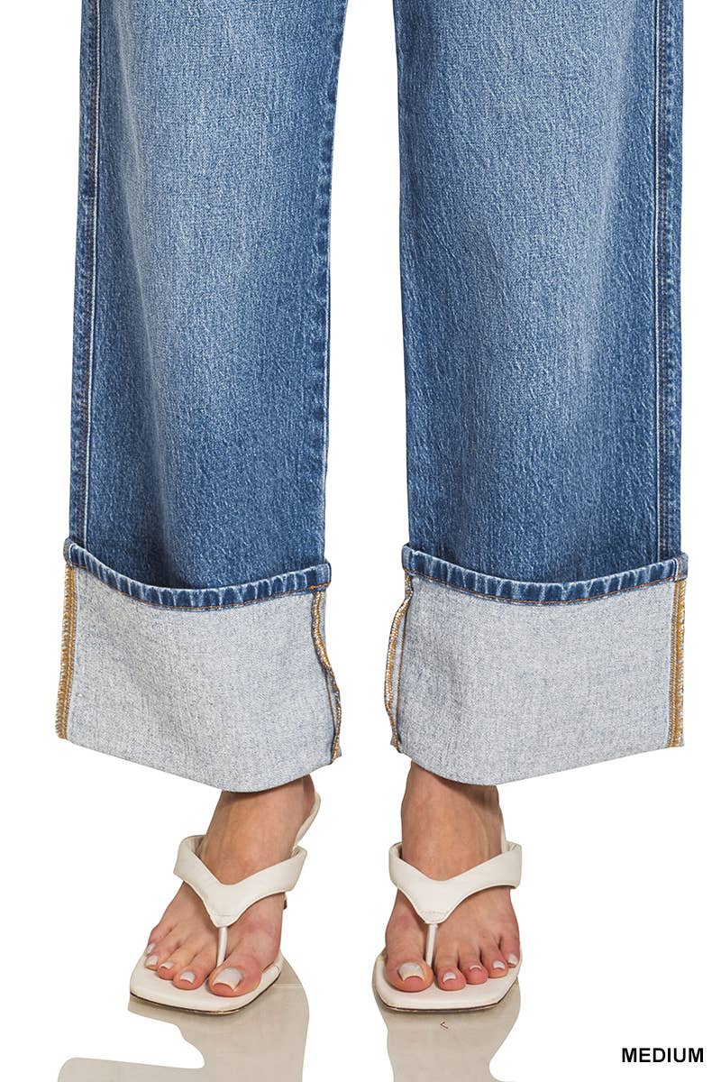 High Rise Cuffed Wide Leg Jeans
