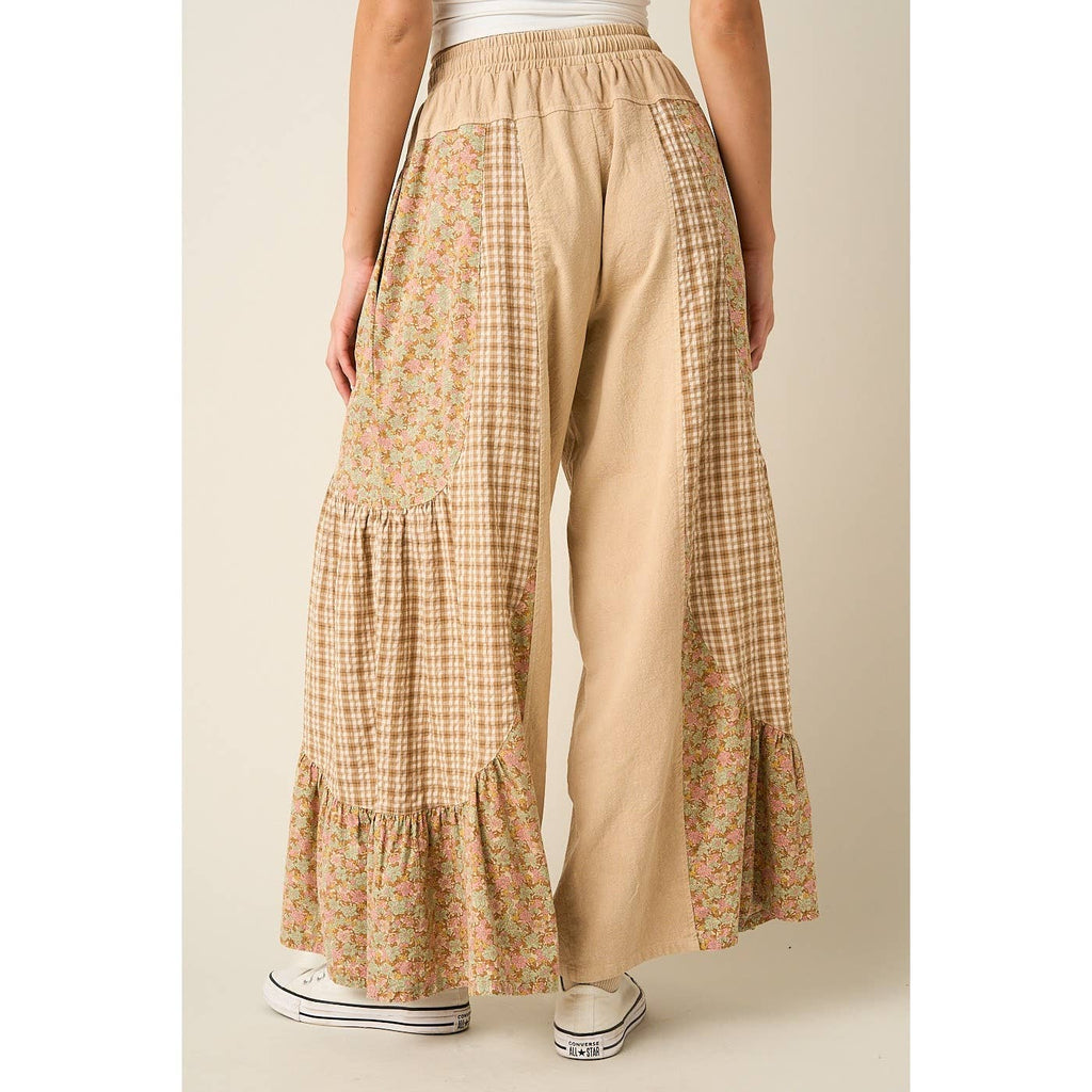 PATCHWORK MIXED PRINT WIDE LEG PANTS