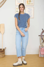 ACID WASHED TAB SLEEVE BACK BUTTON KNIT TOP
