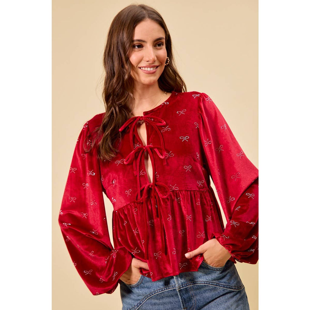 HOLIDAY CHRISTMAS RIBBON EMBELLISHED VELVET TOP