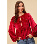 HOLIDAY CHRISTMAS RIBBON EMBELLISHED VELVET TOP