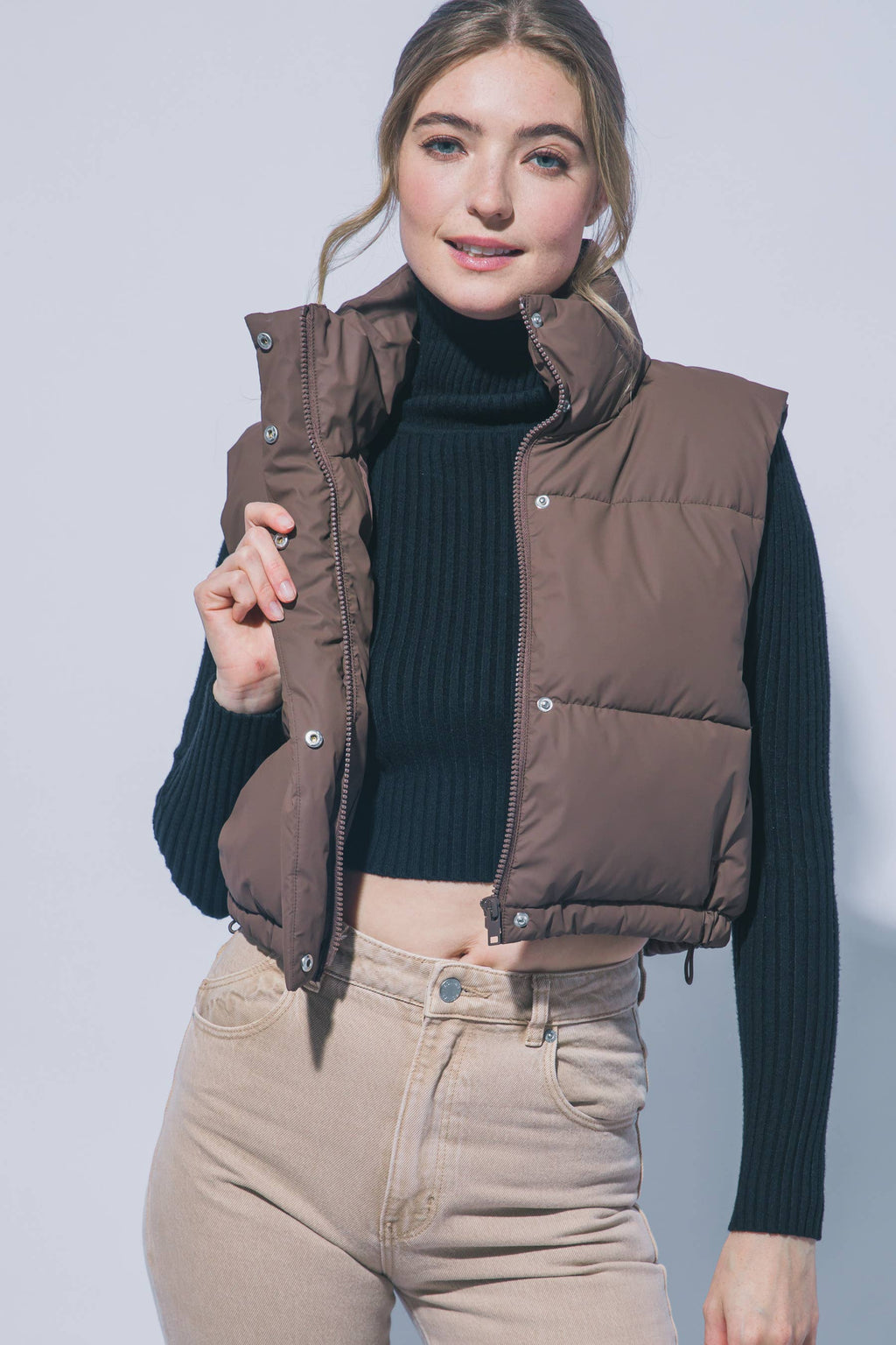PU Cropped Puffer Vest With Pockets