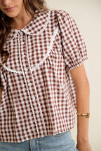 Gingham Check Lace Trimmed Short Blouse