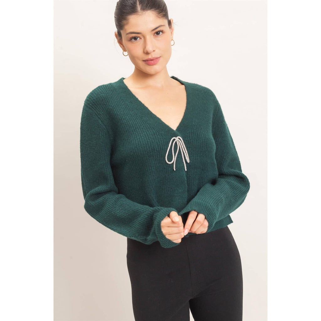 Rhinestone Bow Tie-Front Sweater