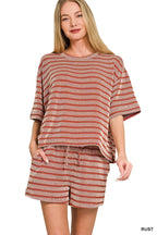 0420 Raised Rib Striped Tee & Shorts Set SI-29196
