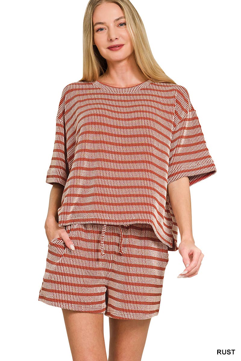 0420 Raised Rib Striped Tee & Shorts Set SI-29196
