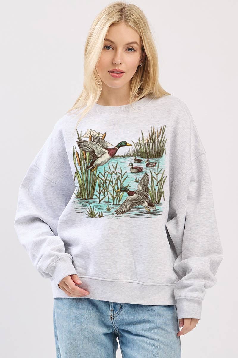 Mallard Ducks Graphic L/S Relaxed Fit Fleece Sweatshirts