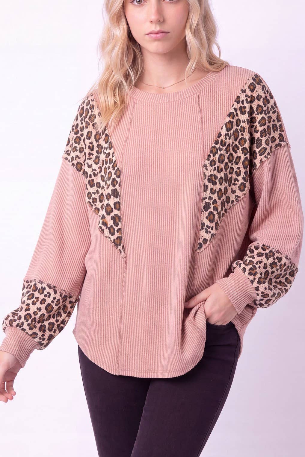 Leopard Contrast Rib Knit Pullover