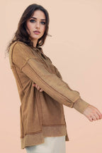 NT12365-Half Button Down Oversized Contrast Knit Top