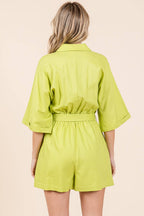 LINEN TIE BELT BUTTON DOWN COLLARED ROMPER