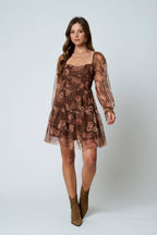 FLORAL CHIFFON LONG SLEEVE CORSET MINI DRESS