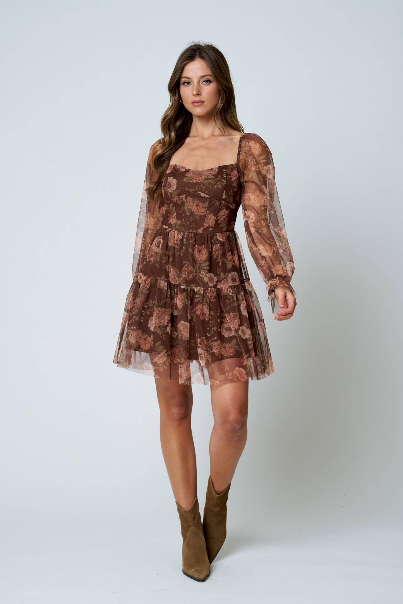 FLORAL CHIFFON LONG SLEEVE CORSET MINI DRESS