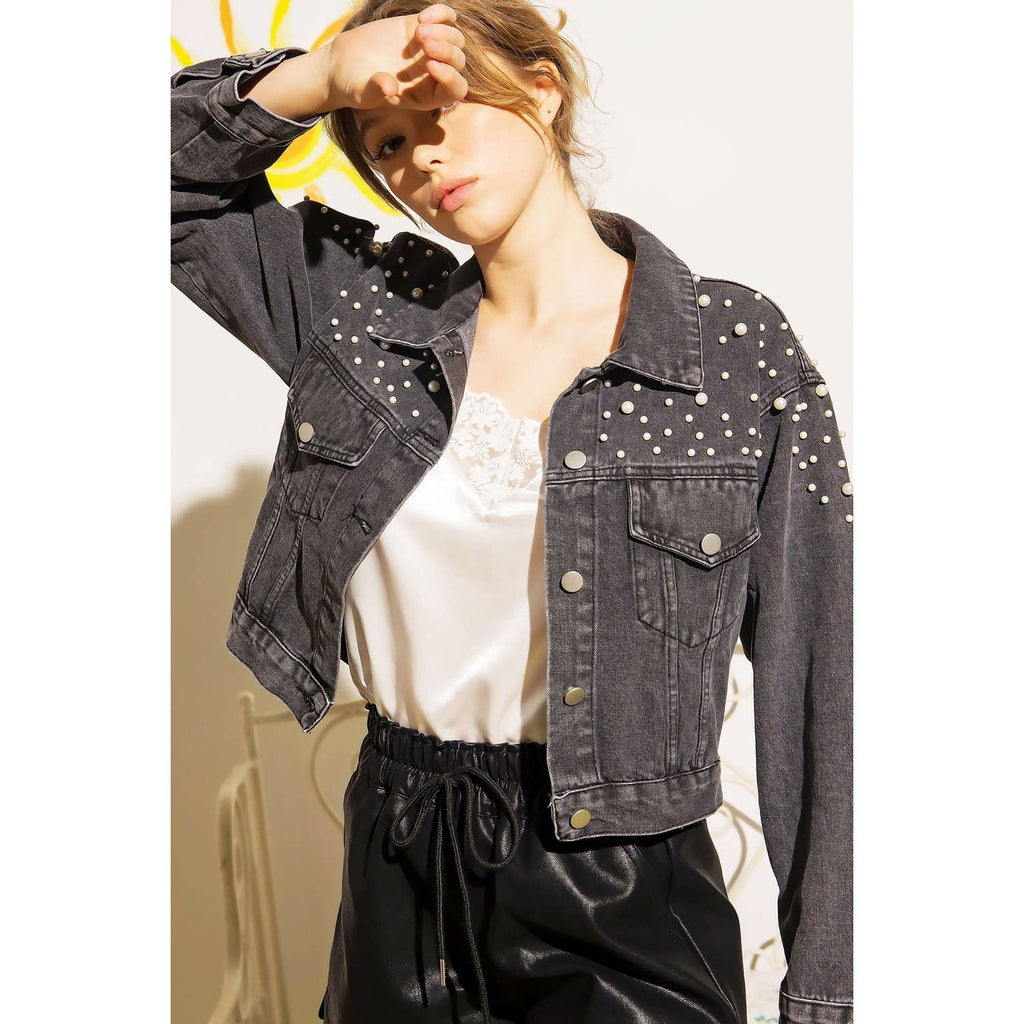 DENIM CROP JACKET WITH PEARL STUDS